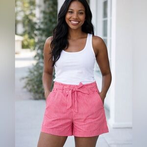 LOFT Coral Pink Striped Tie-Waist Bermuda Shorts